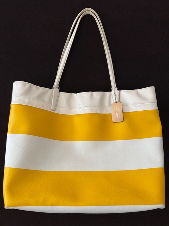 Coach Handbags - COACH 30511 Sunglow & White STRIPES PVC & Leather Tote Bag